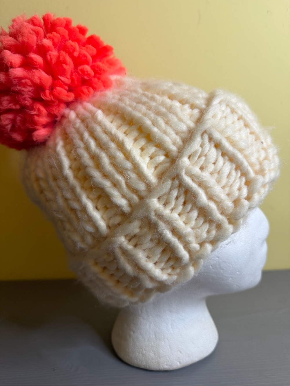 Anthropologie Cream Knit Beanie with Coral Pom, OS